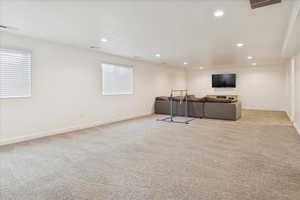 Living room with light carpet and recessed lighting