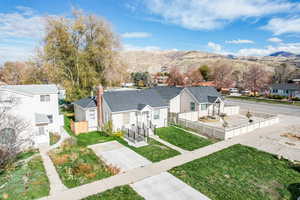 Aerial view of residential area with mountains
