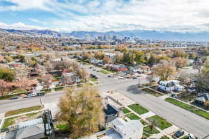 Aerial view of residential area with mountains