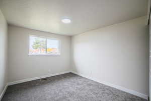Carpeted spare room featuring baseboards and a textured ceiling