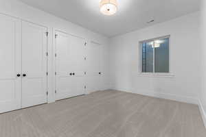 Basement bedroom with light carpet and two closets, and door to private full size bathroom