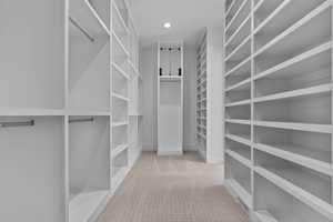 Spacious Master Suite closet featuring light carpet