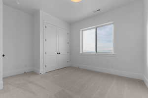 Bedroom with light carpet, closet, and window with a view
