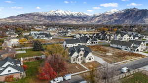 Aerial view of residential area with a mountainous background