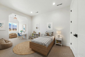 Carpeted bedroom featuring baseboards and recessed lighting