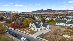 Aerial view of residential area with mountains
