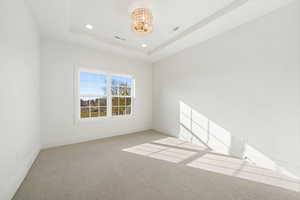 Spare room featuring a tray ceiling, light colored carpet, and recessed lighting