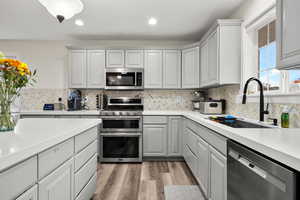 Kitchen with gray cabinetry, appliances with stainless steel finishes, backsplash, light wood-type flooring, and recessed lighting