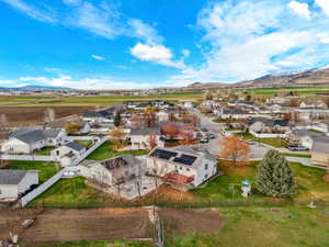 Aerial view of residential area with mountains