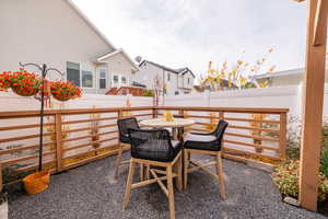 Fenced backyard featuring outdoor dining space, a residential view, and a patio