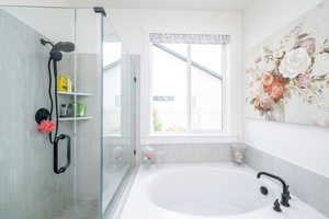 Primary bathroom featuring a bath and a shower stall
