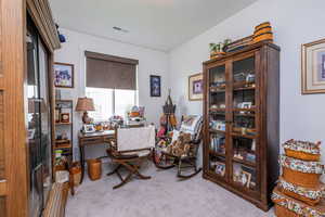 Office area featuring light carpet