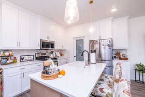 Kitchen with white cabinetry, stainless steel appliances, tasteful backsplash, an island with sink, and recessed lighting