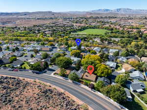 Aerial view of residential area with mountains