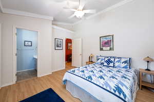 Bedroom featuring light wood-type flooring, vaulted ceiling, a ceiling fan, and crown molding