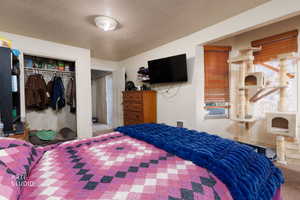 Bedroom with a textured ceiling and a closet
