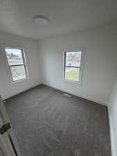 Empty room featuring dark carpet and healthy amount of natural light