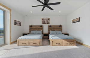 Bedroom with recessed lighting, ceiling fan, access to outside, and carpet