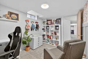 Basement bedroom featuring plush carpet and light paint
