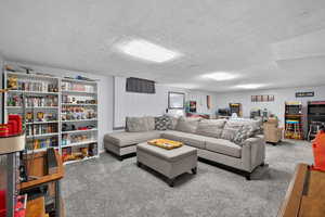 Carpeted basement living room with paneled walls and plush carpet