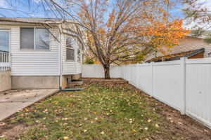 View of fenced backyard with a deck under the tree.