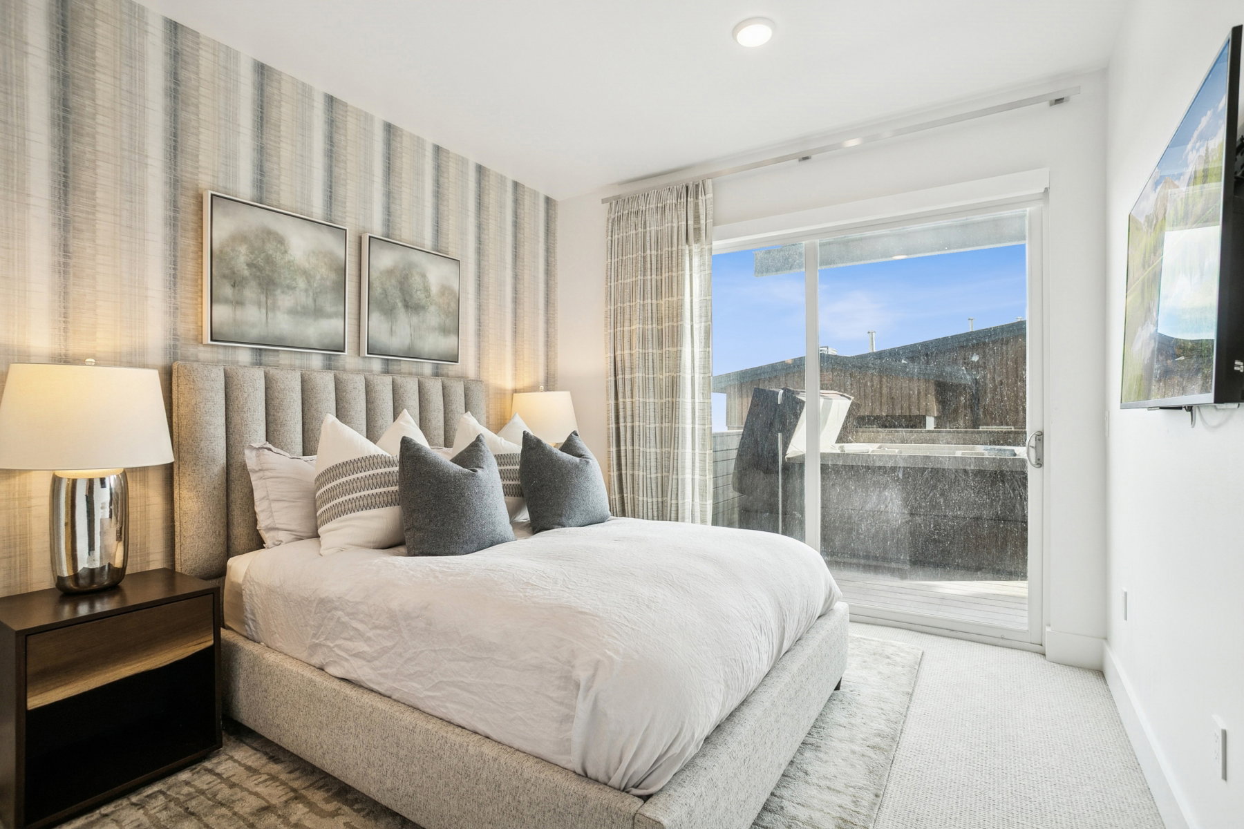 Bedroom featuring carpet floors, access to outside, wallpapered walls, and recessed lighting