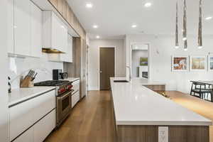 Kitchen featuring white cabinetry, modern cabinets, luxury stove, an island with sink, and dark wood-type flooring