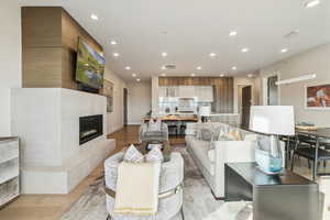 Living room with light wood-style flooring, recessed lighting, and a fireplace