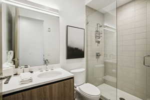 Full bath featuring vanity and a stall shower