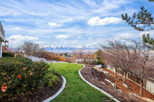 Fenced backyard with a mountain view