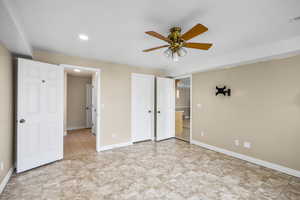Unfurnished bedroom with recessed lighting and a ceiling fan