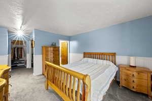 Bedroom featuring wainscoting, carpet, a textured ceiling, and a closet