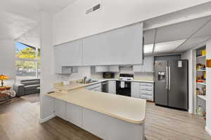 Kitchen with stainless steel appliances, light wood-style floors, light countertops, and a peninsula