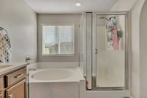 Bathroom featuring vanity, a garden tub, and a shower stall