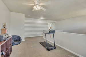 Exercise room featuring carpet flooring and ceiling fan