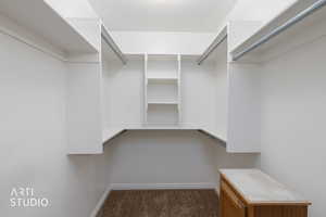 Walk in closet featuring dark colored carpet