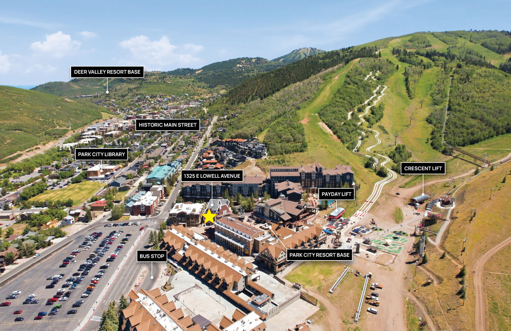 Aerial overview highlighting proximity to Park City Resort Base, Payday Lift, and Crescent Lift