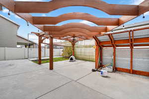 Fenced backyard with a patio
