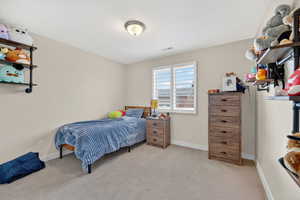 Bedroom with light carpet