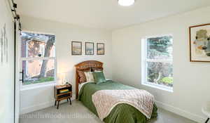 Bedroom featuring carpet, multiple windows, and a barn door