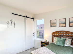 Carpeted bedroom featuring a barn door and baseboards