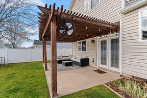 Covered patio, custom pergola w/ sun shade and overhead fan