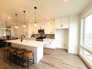 Large open kitchen featuring white flat panel cabinets with black hardware, recently upgraded to include beautiful tile backsplash, Frigidaire appliances, quartz countertops pendant lighting, and a large walk in pantry. Lots of natural light!