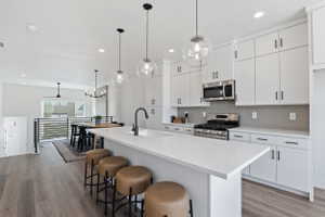 Modern kitchen featuring a large island with white countertops, white cabinetry with black hardware, stainless steel appliances, and wood-finish flooring
