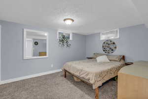 Bedroom with carpet and a textured ceiling