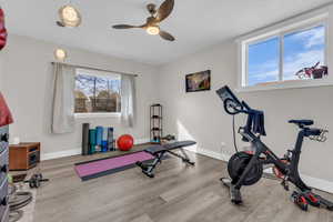 Workout area with wood finished floors and ceiling fan