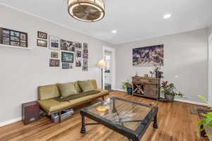 Living room featuring wood finished floors and recessed lighting