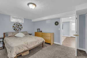 Bedroom featuring carpet and a textured ceiling