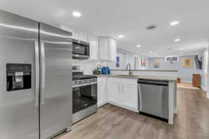 Kitchen with appliances with stainless steel finishes, white cabinets, light wood-style floors, recessed lighting, and a peninsula