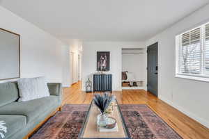 Living area featuring light natural hardwood floors
